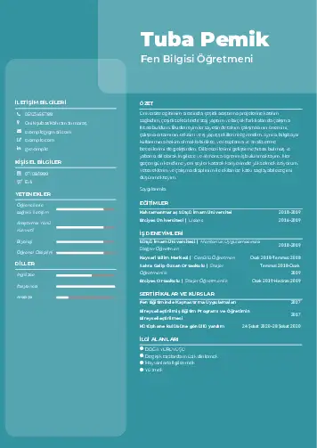 Fen Bilgisi Öğretmeni CV Örnekleri cv indir